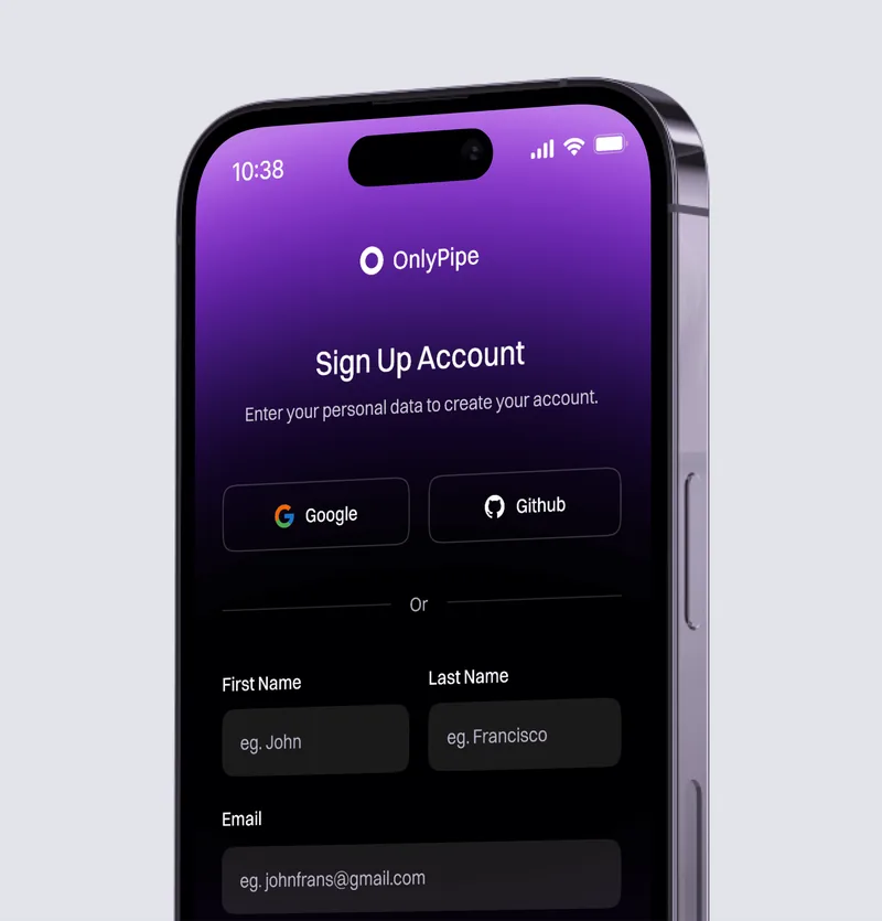 Layar pendaftaran OnlyPipe