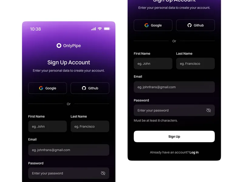 Dua layar pendaftaran mobile OnlyPipe bertema gelap