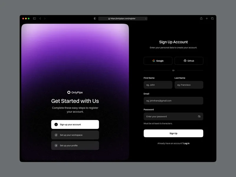 Halaman pendaftaran desktop OnlyPipe bertema gelap
