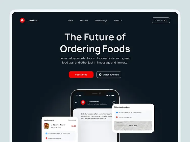 Landing page chatbot pemesanan makanan Lunar, tampilan 1