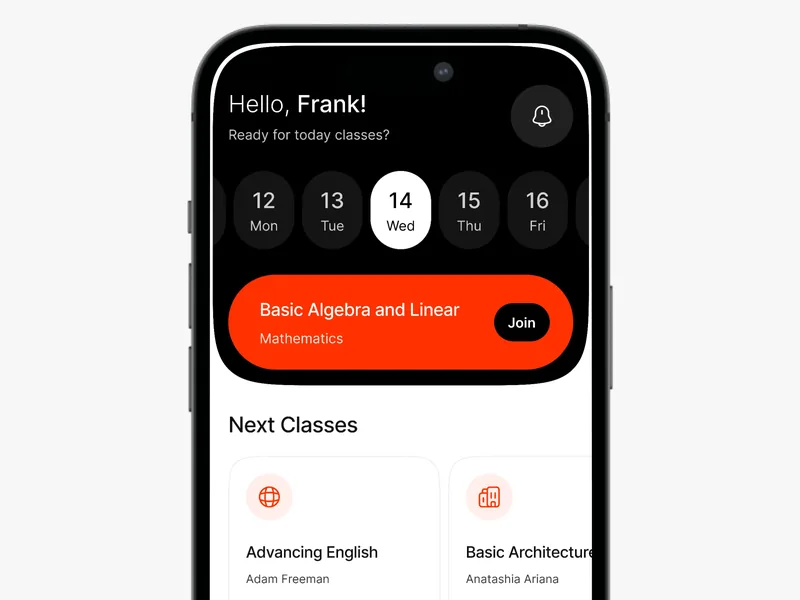 Layar beranda aplikasi kelas daring pada ponsel