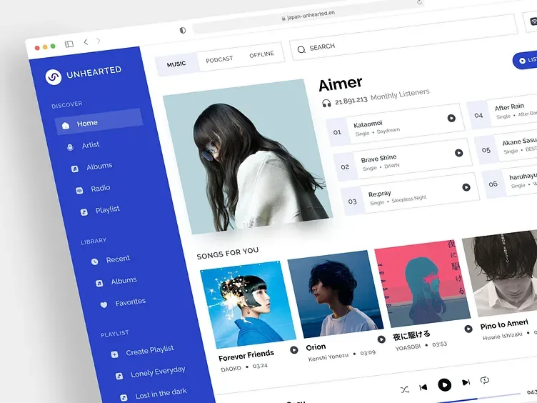 Aplikasi web pemutar musik Unhearted, tampilan 1
